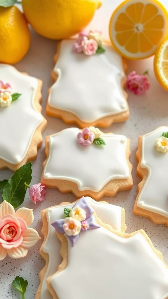 Decorated lemon zest wedding cake cookies with floral designs and lemons.