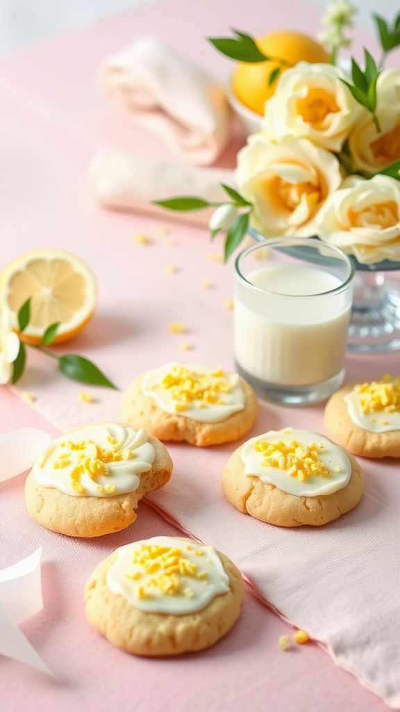 A plate of lemon zest wedding cookies decorated with icing and lemon zest, alongside a glass of milk and fresh lemons.