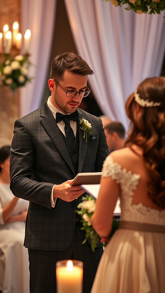 A groom reading his wedding vows to his bride in a beautifully decorated ceremony.