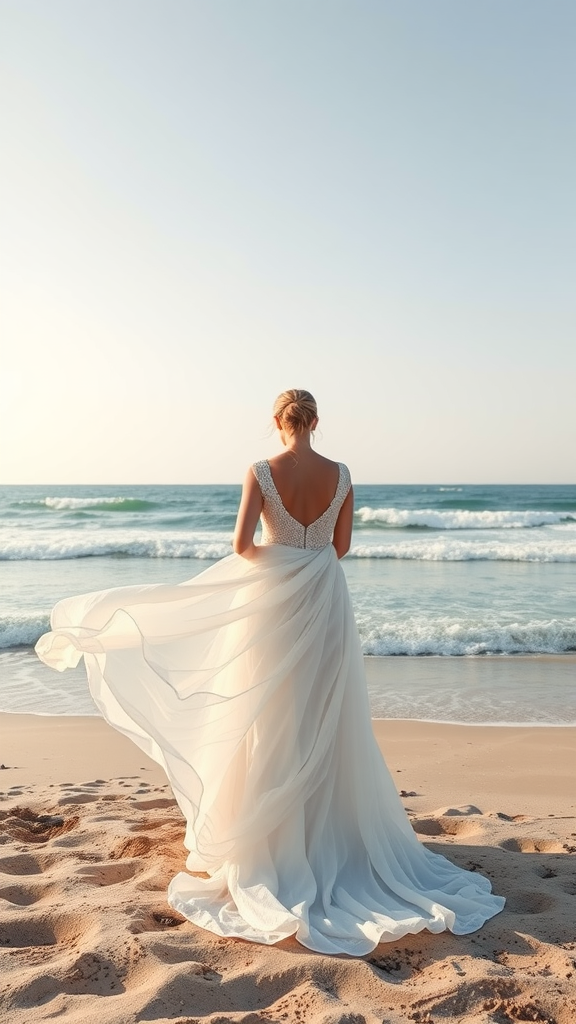 A bride in a flowing lightweight wedding dress standing on the beach with ocean waves in the background.