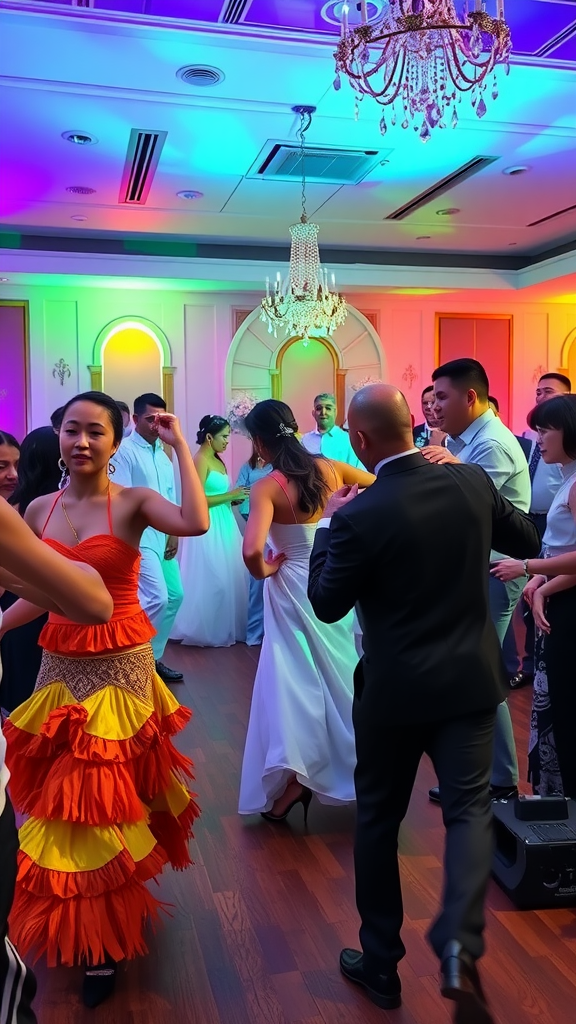 A lively wedding reception with guests dancing under colorful lights.