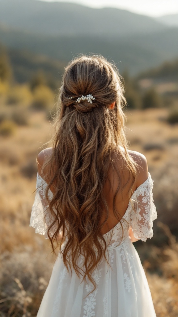 A bride with long, layered hair, styled with a delicate hair accessory, in a scenic outdoor setting.