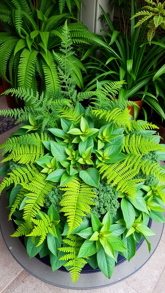 A variety of vibrant green plants and ferns arranged in a centerpiece.