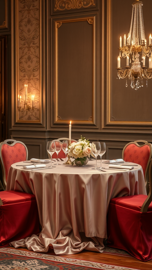 Elegant wedding table with luxurious fabric and floral centerpiece.