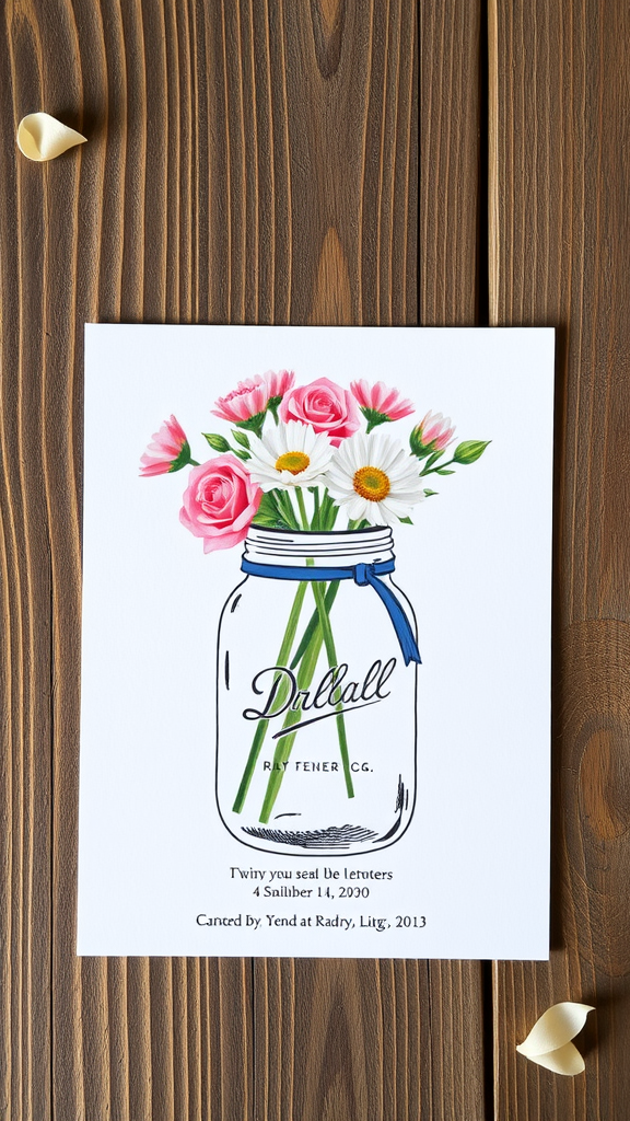 Illustrated wedding invitation featuring a mason jar filled with flowers.