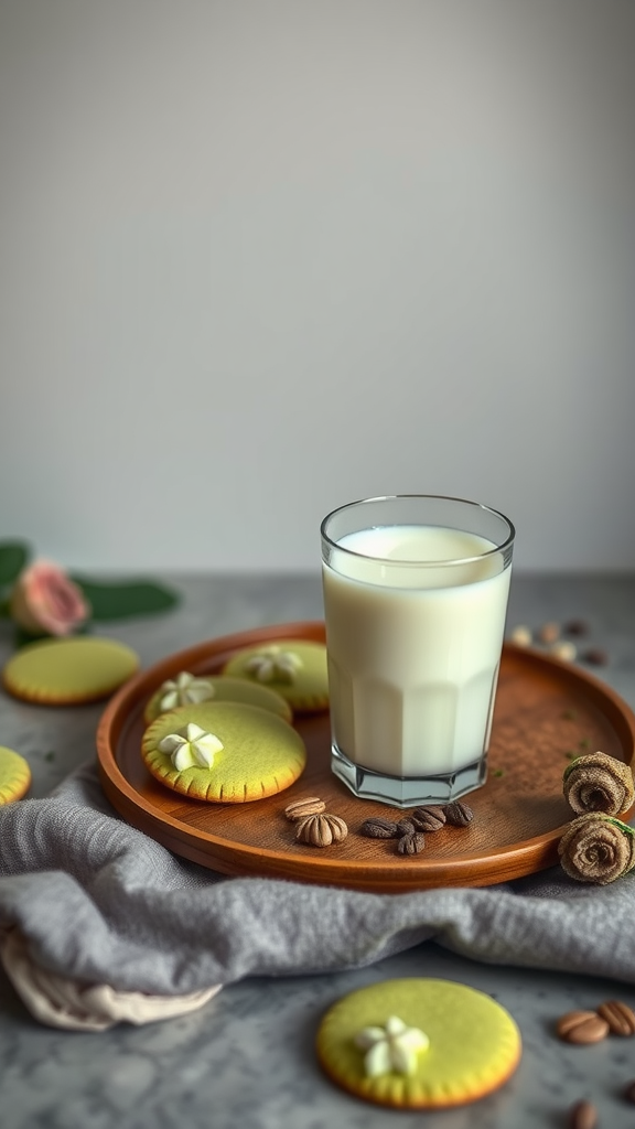 Matcha green tea wedding cookies on a wooden plate with a glass of milk