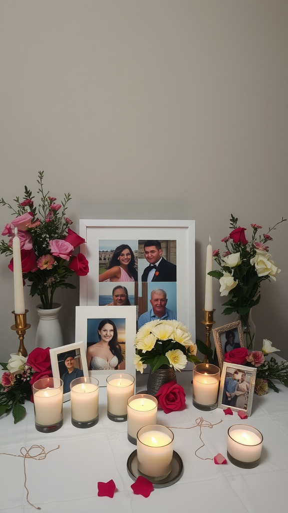 A memory table featuring photos of loved ones, candles, and flowers, creating a warm tribute.