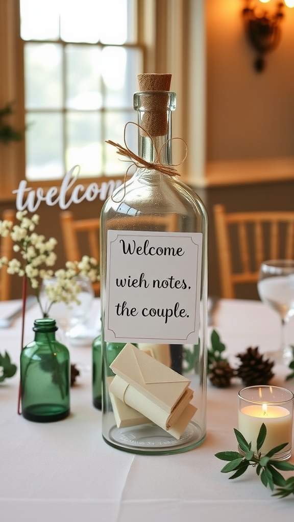 A glass bottle with a cork, containing blank notes and a sign inviting guests to write messages to the couple.