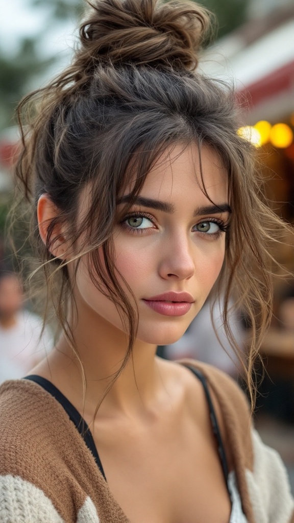 A young woman with a messy bun and soft tendrils, showcasing a relaxed wedding hairstyle.