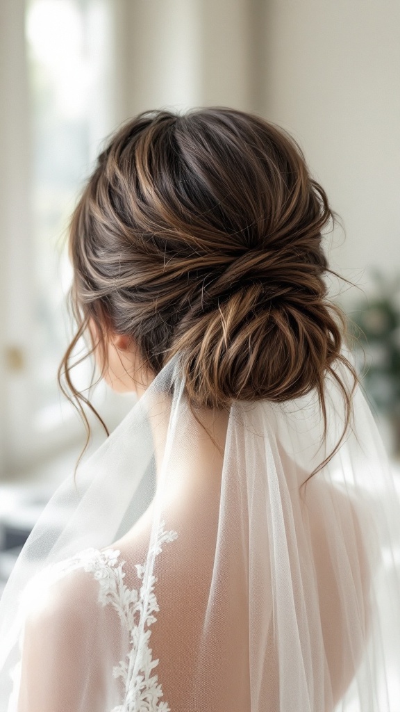 A close-up view of a messy half-up bun wedding hairstyle adorned with a delicate veil.