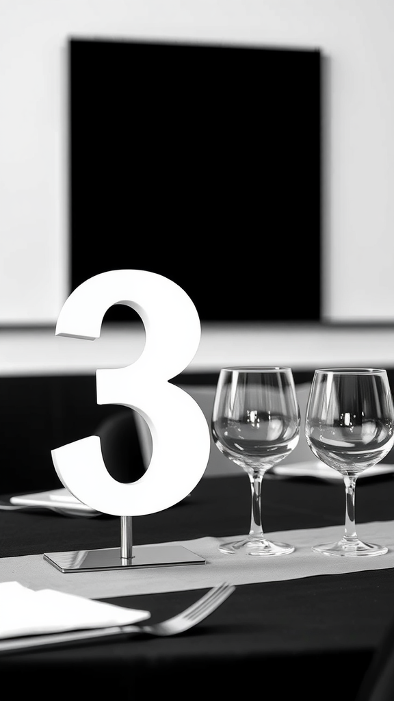A minimalist table number displaying the number 3, set against a black and white background.