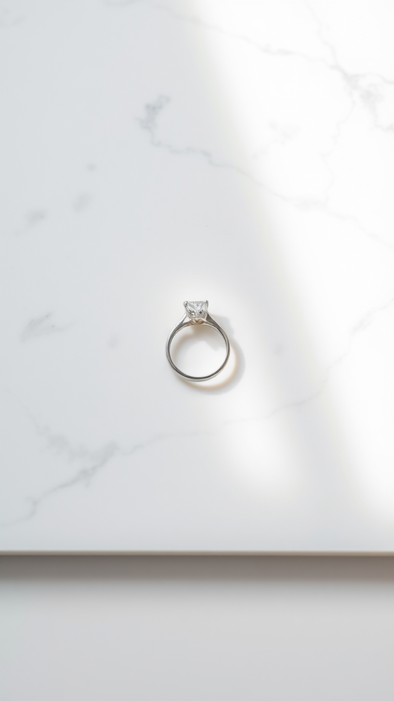 A minimalistic engagement ring with a single stone on a marble surface.