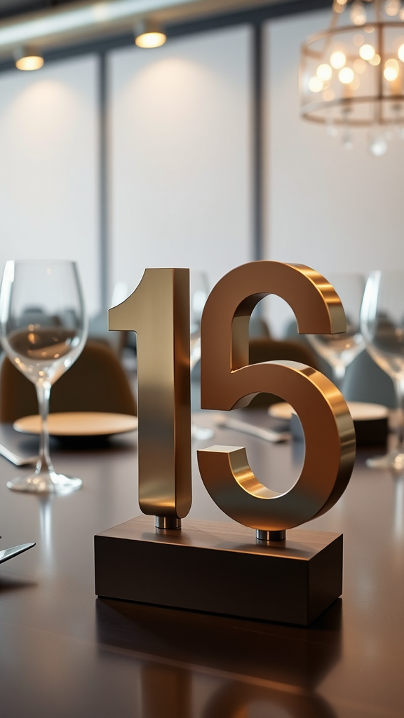 A modern geometric table number 15 in gold, set on a wedding table with elegant glassware.