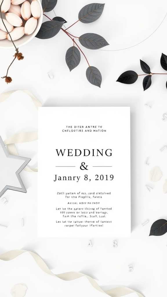 A modern minimalist wedding invitation on a clean background with decorative elements.