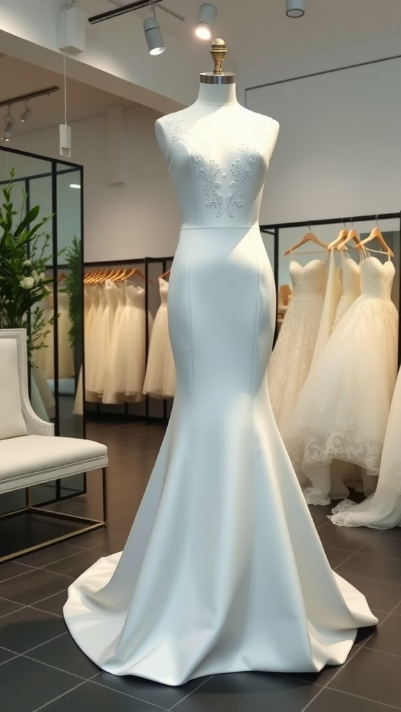 A minimalist mermaid wedding dress displayed on a mannequin in a bridal shop.