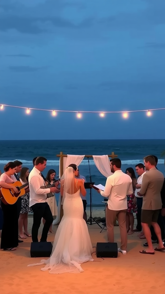 A beach wedding ceremony with a bride and groom surrounded by guests, with musicians playing acoustic guitar.