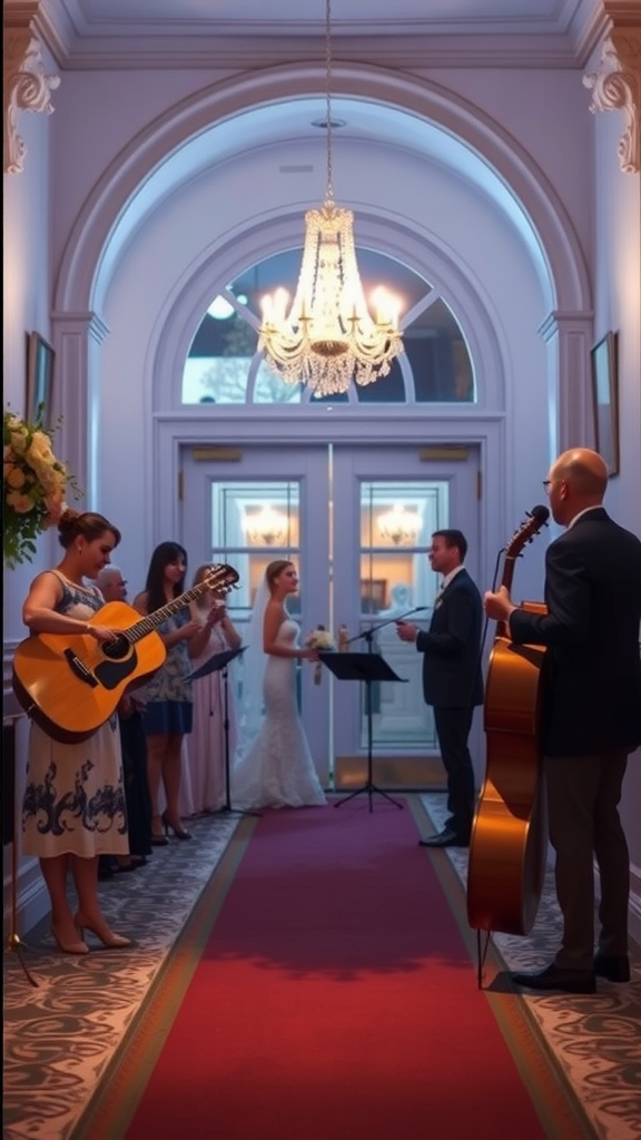 A wedding entrance scene with musicians playing guitars and a couple about to enter, adorned with elegant decor and a chandelier.