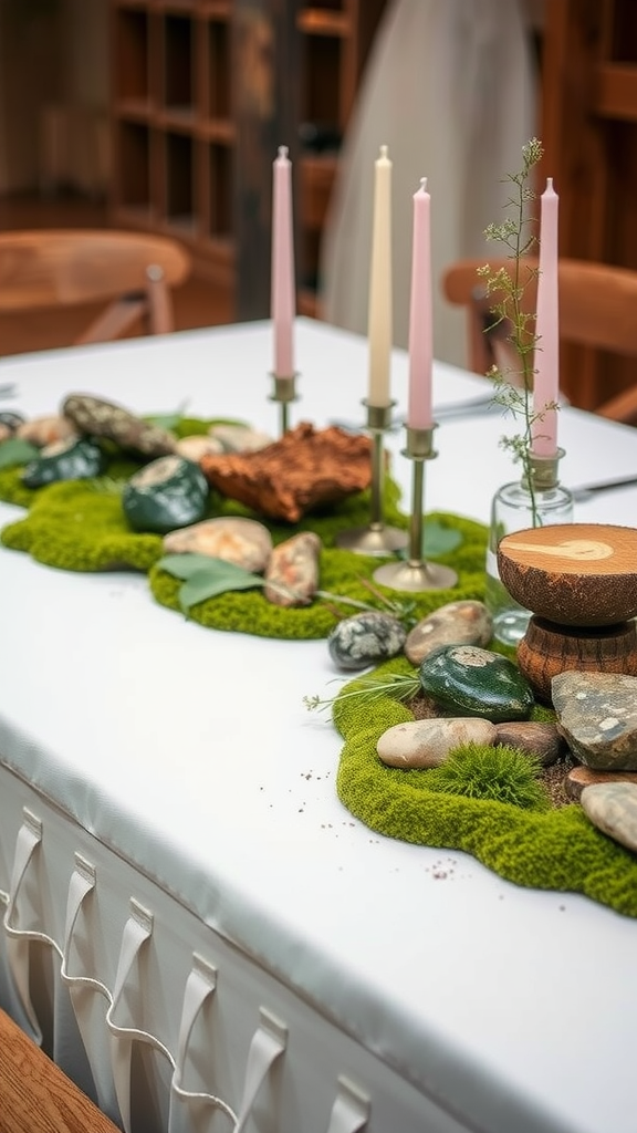 Wedding table decorated with moss, stones, and candles.