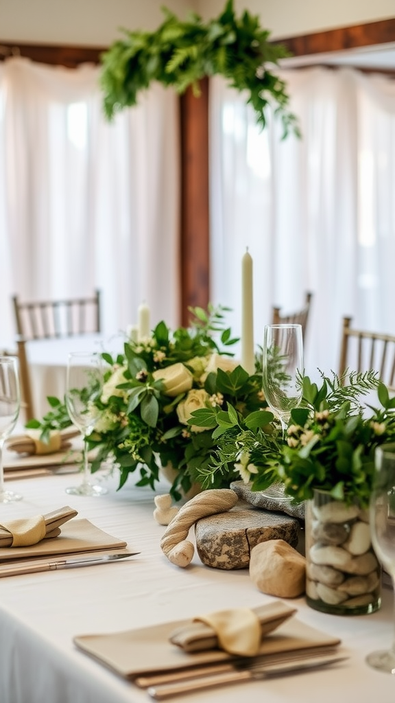 A wedding table setting featuring natural stone accents, greenery, and floral arrangements.