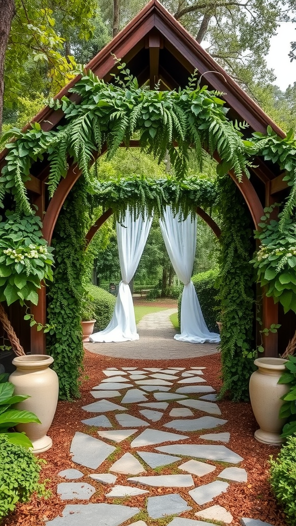A lush garden entrance with wooden doors and greenery framing a wedding pathway.