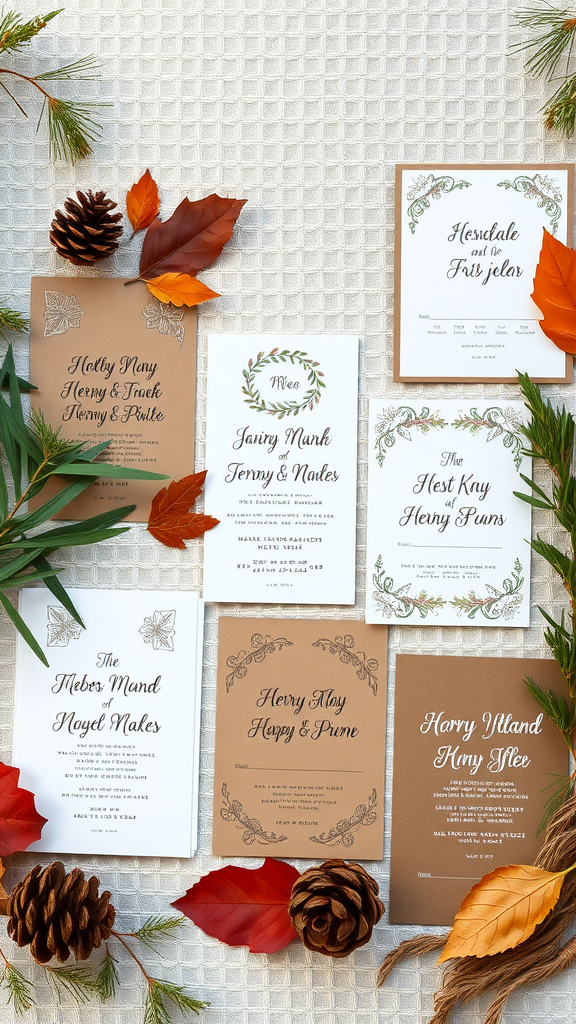 A display of rustic wedding invitations featuring natural colors and designs, surrounded by pine cones and autumn leaves.