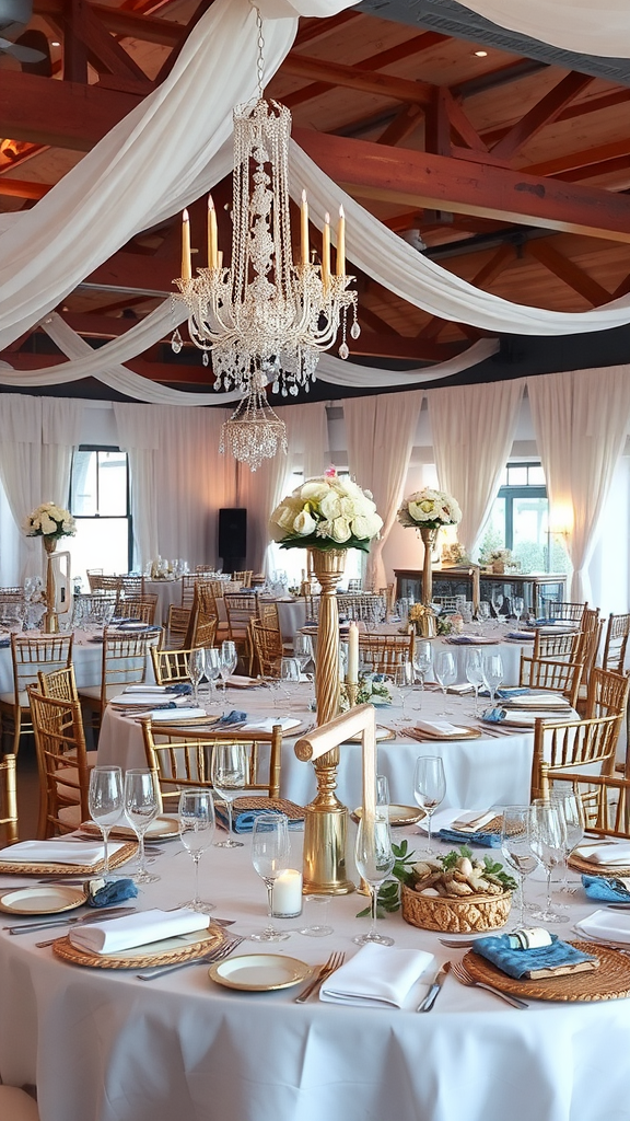 Elegant wedding reception setup featuring nautical themed decor with seashell centerpieces and ocean-inspired colors.