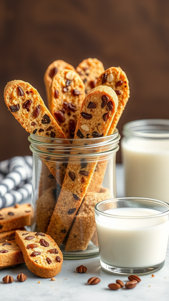 A jar filled with nutty biscotti sticks next to a glass of milk.