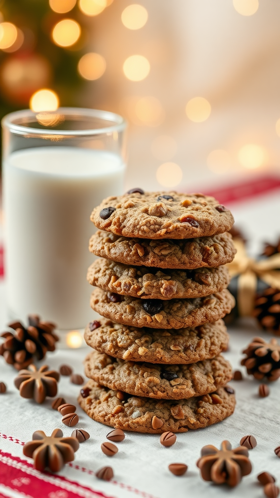 A stack of oatmeal raisin cookies beside a glass of milk, with festive decorations in the background.