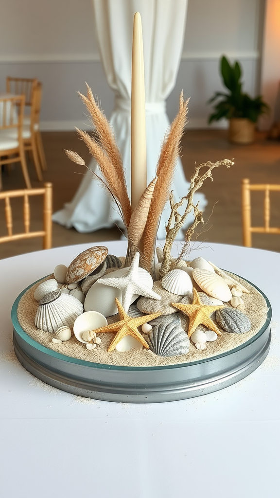 Ocean-inspired wedding centerpiece featuring seashells, starfish, and decorative elements on a sandy base.