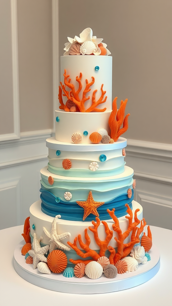 A multi-tiered wedding cake decorated with coral, seashells, and ocean waves in vibrant colors.