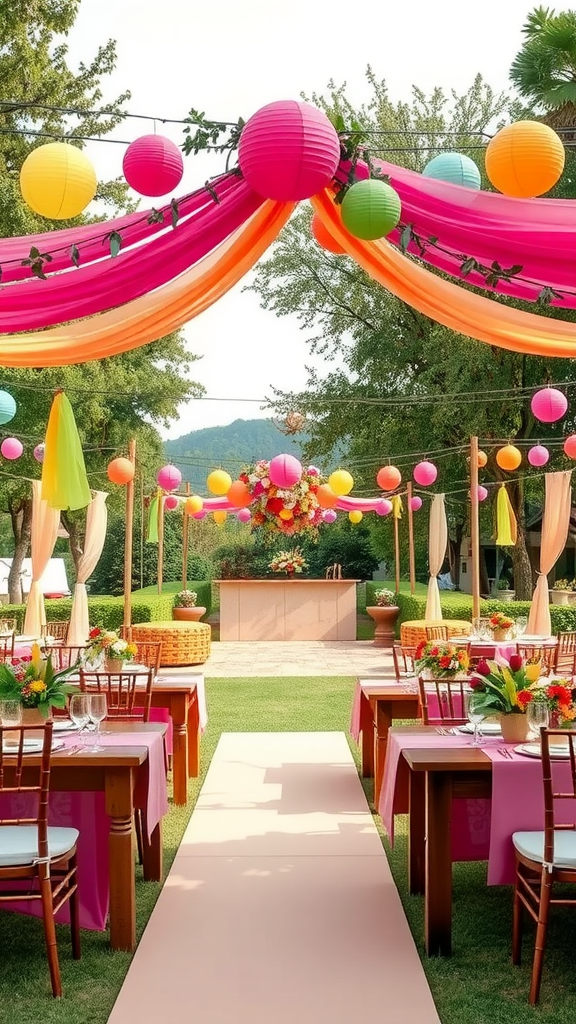 Colorful outdoor garden wedding reception with bright lanterns and cheerful decorations.