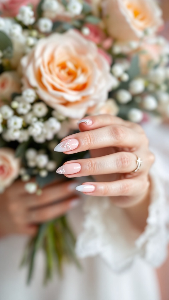 Wedding nails in pastel colors with floral design, held next to a bouquet of roses.