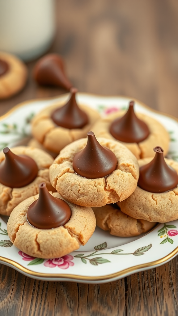 A plate of peanut butter blossom cookies topped with chocolate kisses.