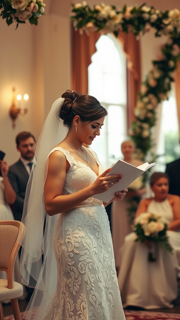 A bride reading her wedding vows with emotion in a beautifully decorated venue.