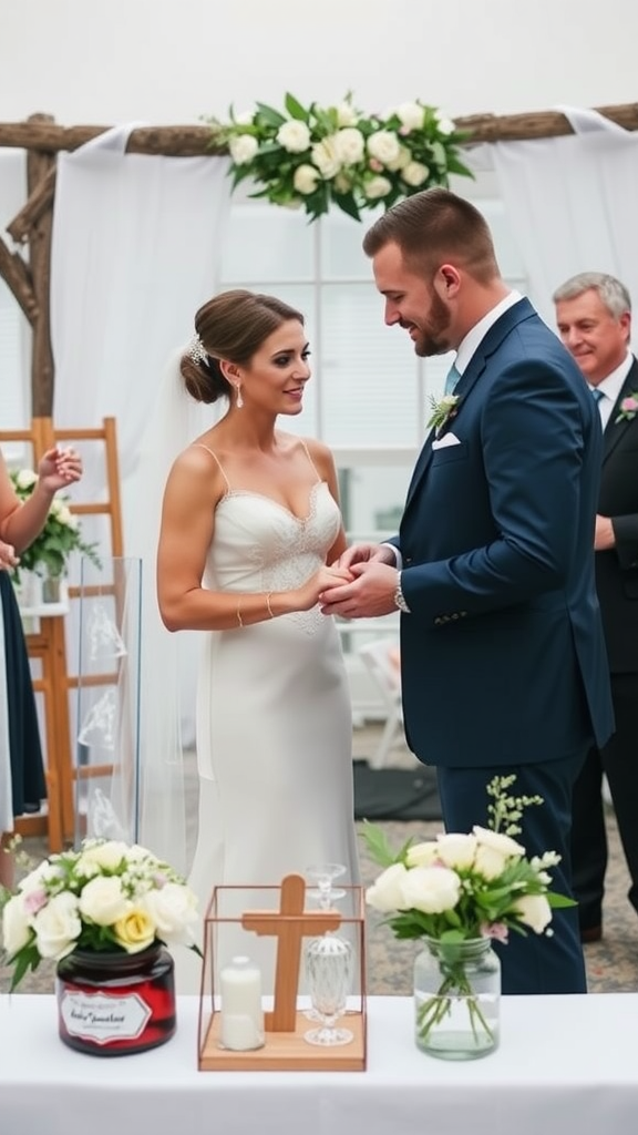 A couple exchanging vows during their wedding ceremony, surrounded by floral arrangements and meaningful decor.
