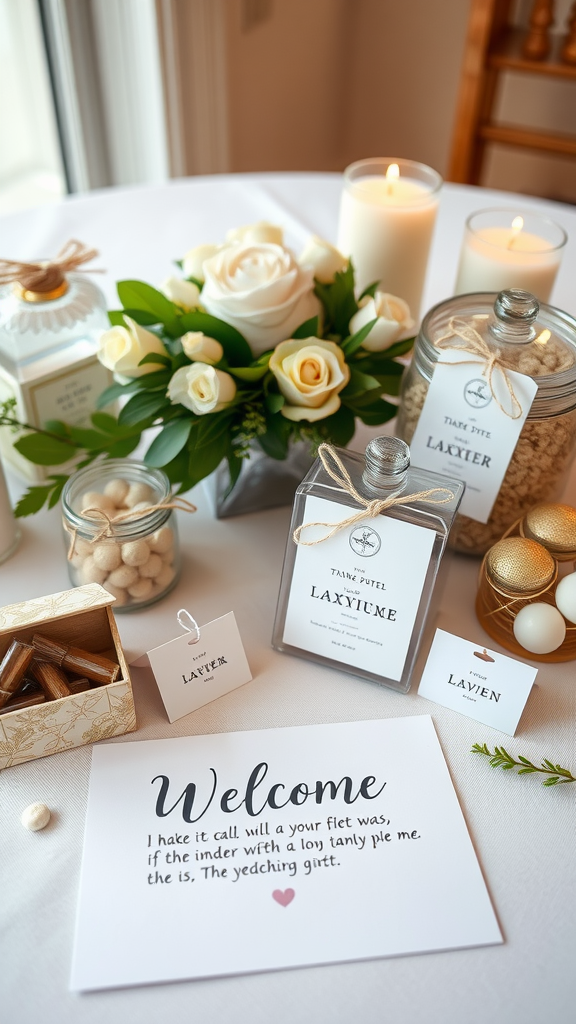 A beautifully arranged wedding welcome table featuring personalized favors, a floral centerpiece, and candles.