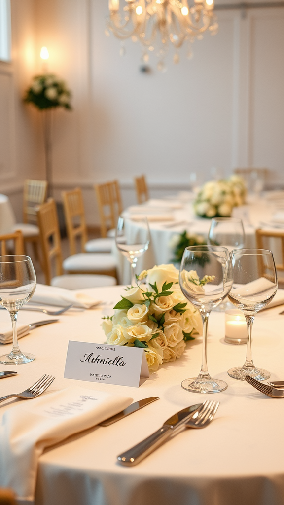 Simple wedding table decor featuring personalized name cards