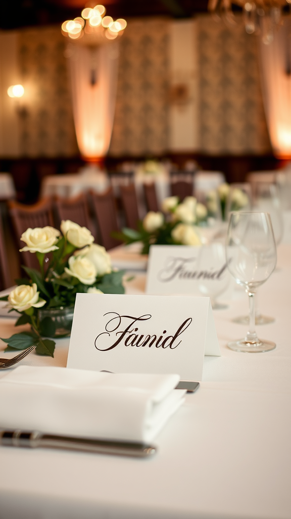 Elegant wedding table setup with personalized name place settings and roses.