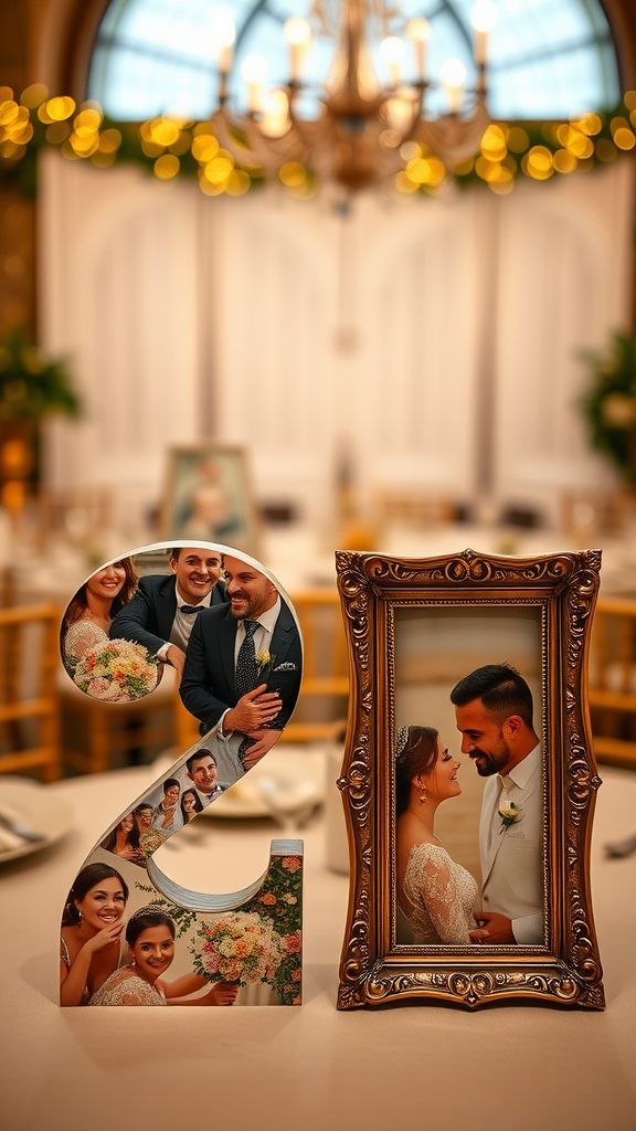 Table number 2 featuring personalized photos at a wedding reception.