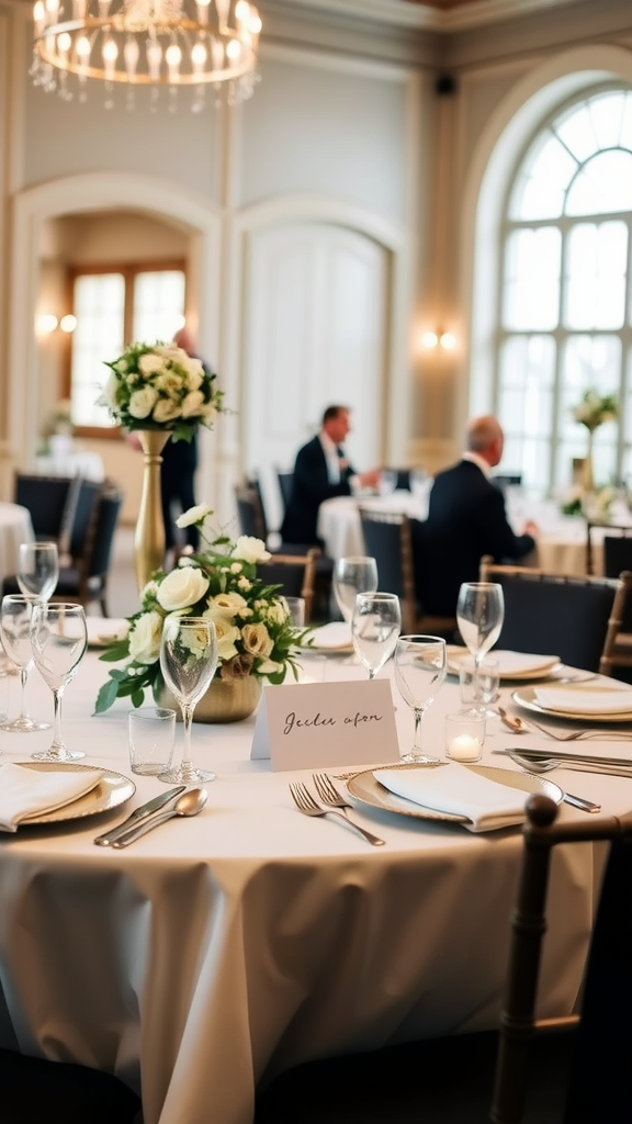 A beautifully arranged wedding table with personalized place settings and elegant floral centerpieces.