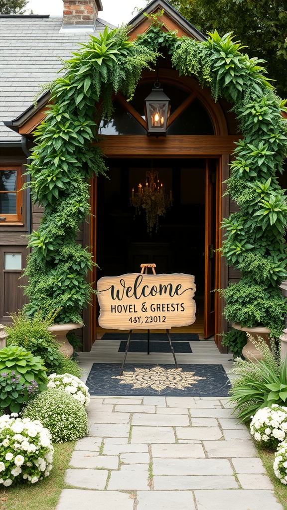 A welcoming entrance with a wooden sign and floral decorations.