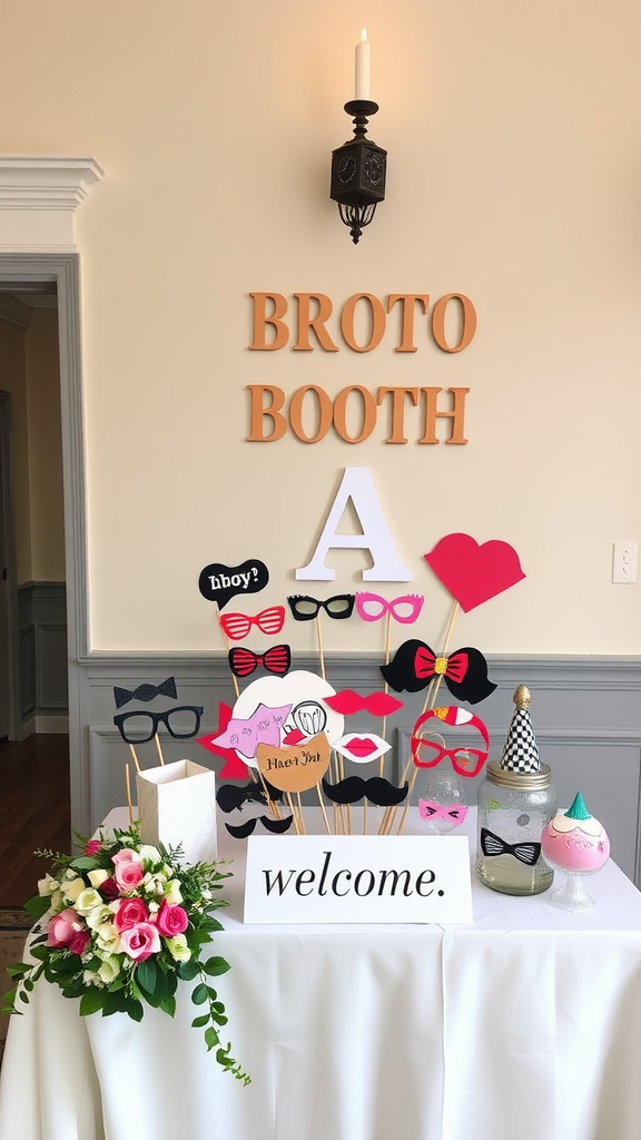 A wedding welcome table with a photo booth props collection, featuring various fun items like sunglasses and mustaches.