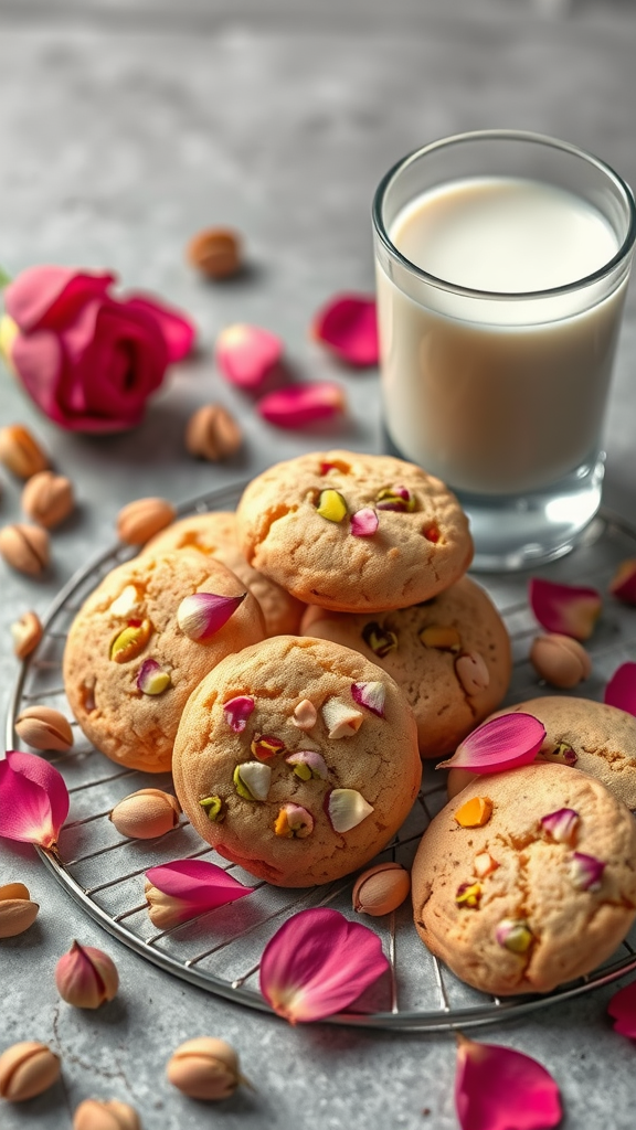 A plate of pistachio rose water cookies surrounded by rose petals and a glass of milk.