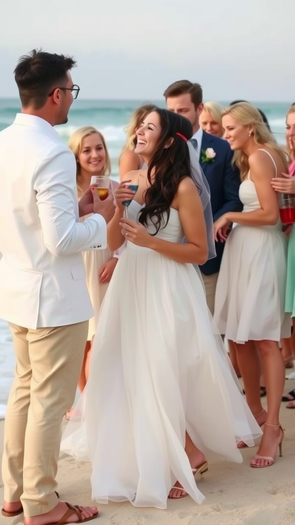 A cheerful post-wedding gathering at the beach with guests enjoying drinks and celebrating