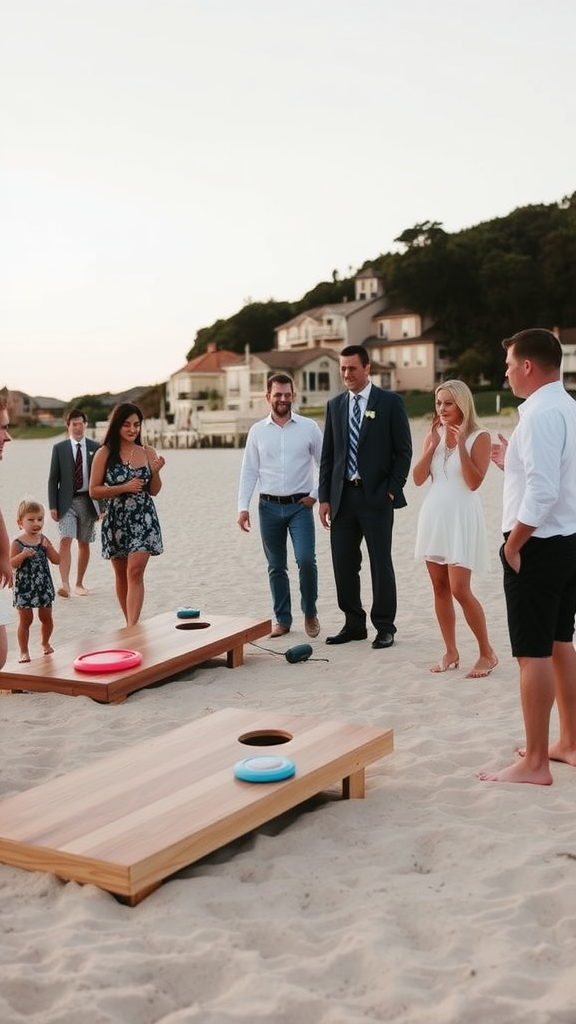 Guests playing cornhole on the beach during a coastal chic wedding.