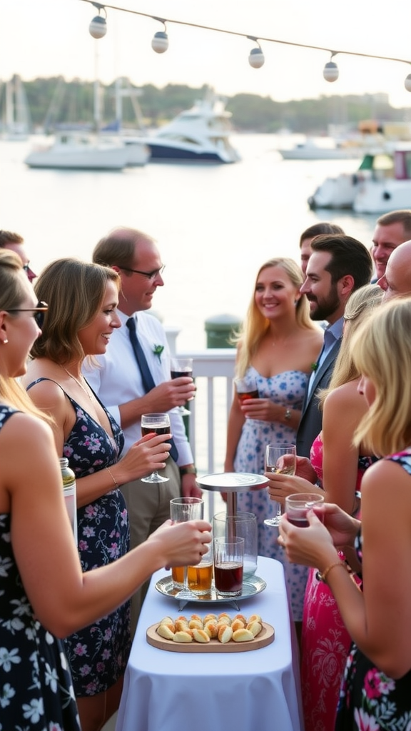 Guests enjoying a cocktail hour by the waterfront at a Nantucket wedding.