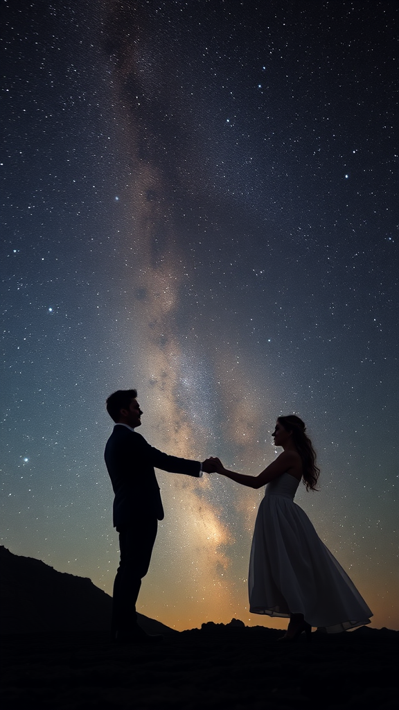 Couple holding hands under a starry sky, symbolizing love and adventure.