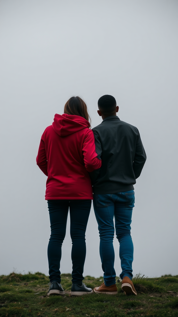 A couple standing together, looking into the distance, symbolizing unity and shared growth.