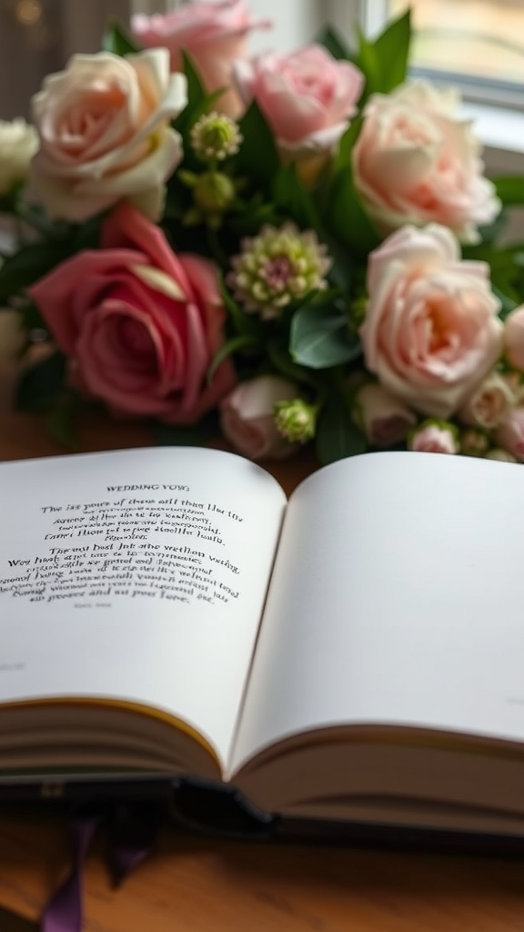 An open book of wedding vows next to a bouquet of roses.