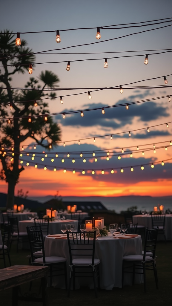 Outdoor wedding reception with tables set under string lights at sunset